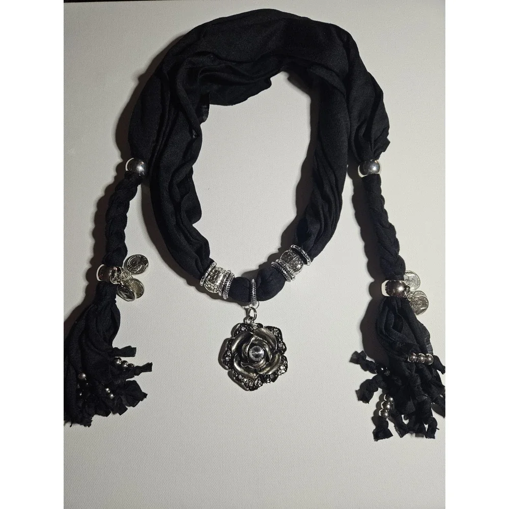 Women's Black Scarf Necklace Silver Tone Rose Pendant Coin Charms Boho Tassel